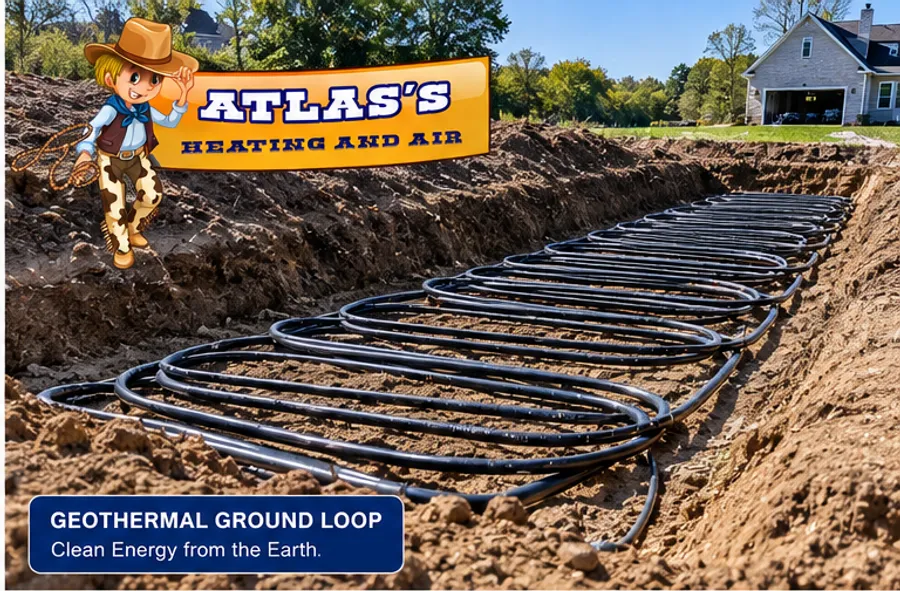 Atlas Heating and Air geothermal ground loop installation for a home in The Colony TX