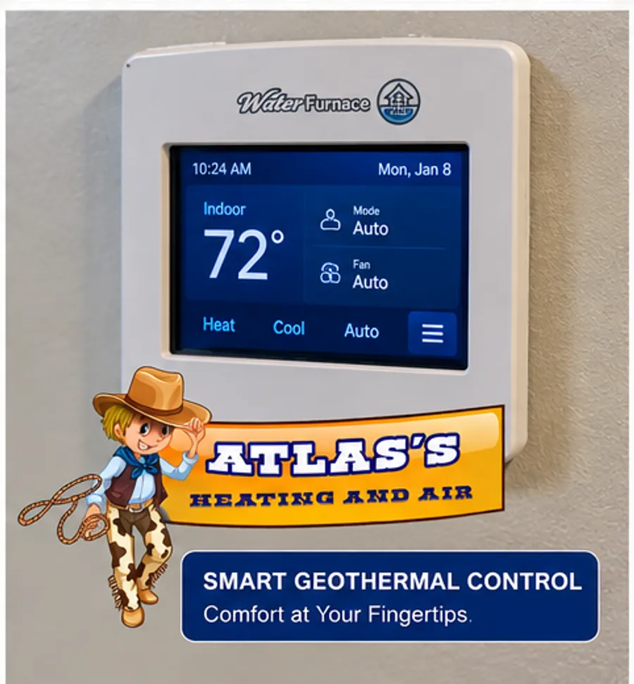 WaterFurnace smart geothermal thermostat installed in a Garland TX home by Atlas Heating and Air