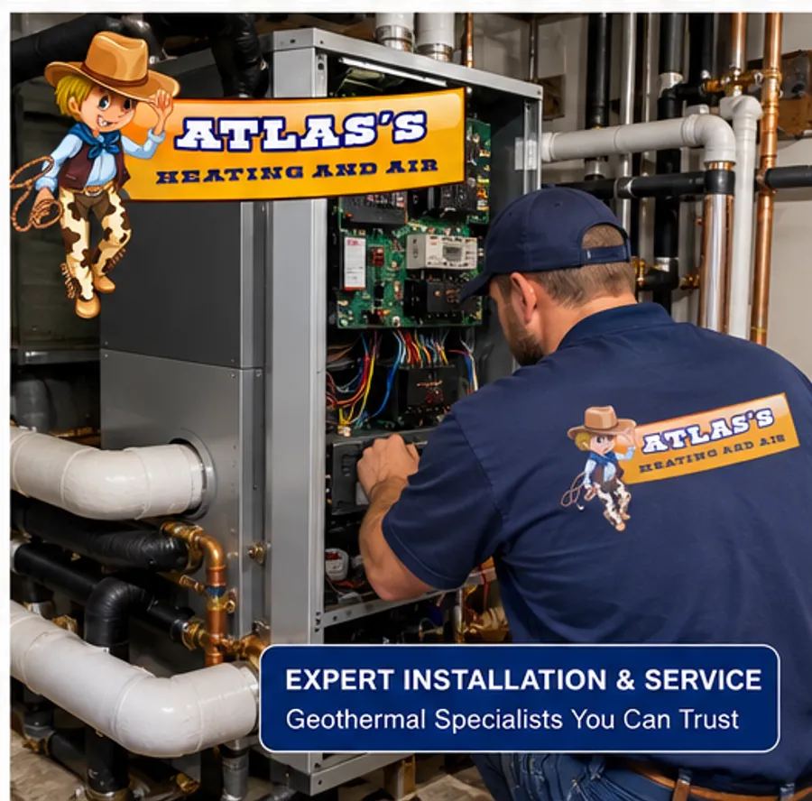 Atlas Heating and Air technician servicing a geothermal heat pump system in a McKinney home
