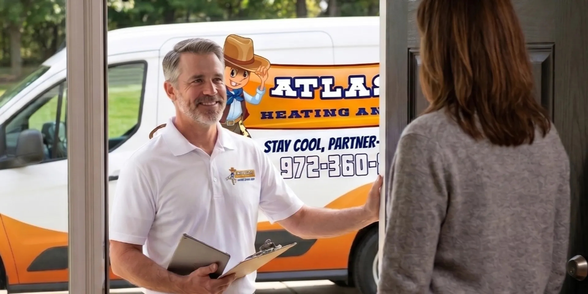 Atlas Heating and Air technician arriving at a home