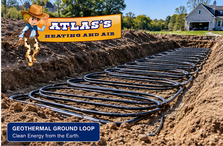 Geothermal ground loop installation by Atlas Heating and Air in a Dallas area residential yard