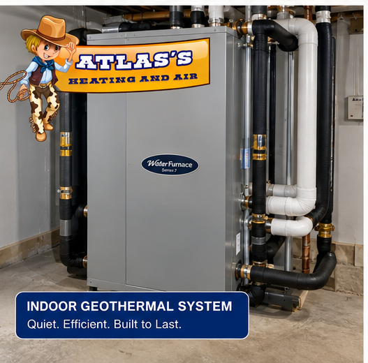 WaterFurnace Series 7 indoor geothermal heat pump installed by Atlas Heating and Air in a Carrollton TX home